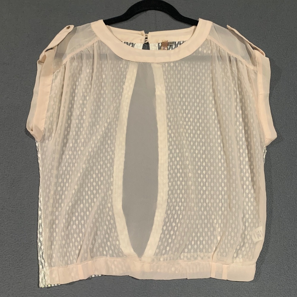 PaulnKC Sheer Lace Keyhole Cap Sleeve Blouse Top‎ Women's M